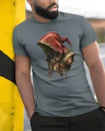 Dark Rogue Hooded Warrior Tee with Epic Fantasy Art Design - model wearing grey tee, leaning on column