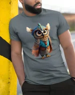 Majestic Tribal Owl Tee with Colorful Fantasy Art Design - model wearing grey tee, leaning on column