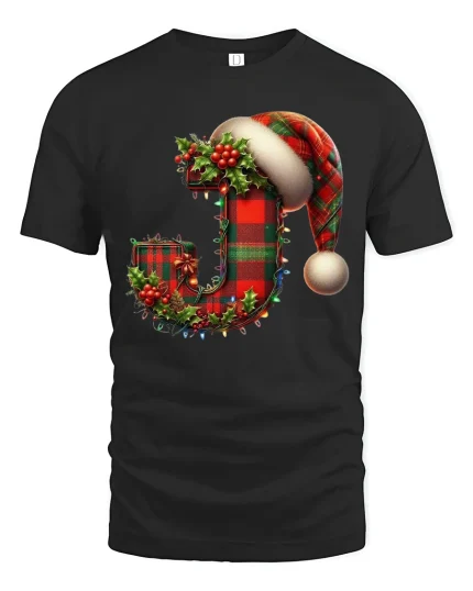Festive Letter J Christmas Plaid Santa Hat Holiday T-Shirt - black t-shirt on white background