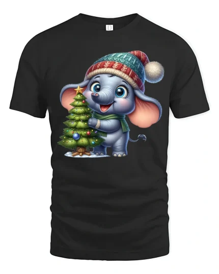 Cute Christmas Elephant Tree Hugging Cartoon T Shirt - black t-shirt on white background