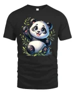 Cute Playful Panda Bamboo Cartoon Graphic T Shirt - black t-shirt on white background