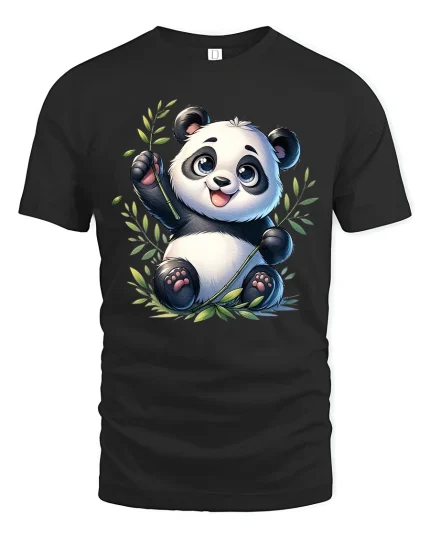 Cute Playful Panda Bamboo Cartoon Graphic T Shirt - black t-shirt on white background