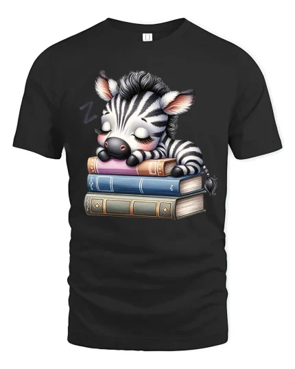 Sleepy Zebra Book Lover Cute Reading Graphic Tee Shirt - black t-shirt on white background