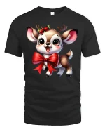 Cute Christmas Reindeer Bow Graphic Tee Holiday Animal Tshirt - black t-shirt on white background