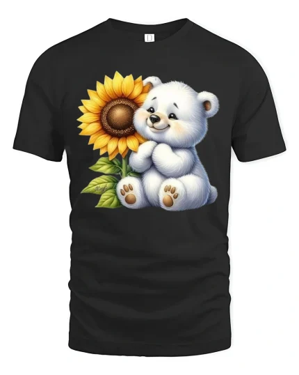 Cute Teddy Bear With Sunflower Smiling Art Graphic Tee - black t-shirt on white background