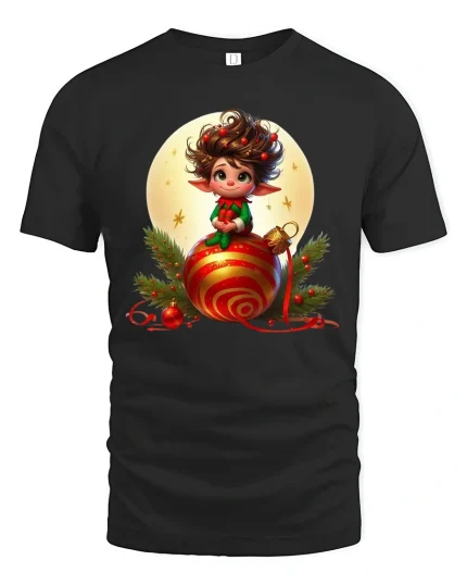 Cute Christmas Elf Sitting On Ornament Festive Graphic Tee - black t-shirt on white background