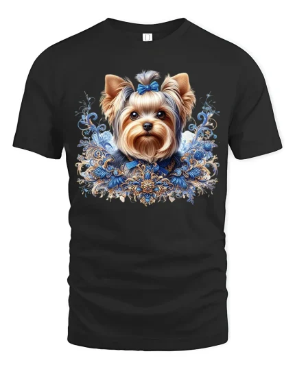 Elegant Yorkshire Terrier Floral Art Luxury Dog Graphic T-Shirt - black t-shirt on white background