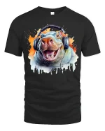 Funny Hippo With Headphones Music Lover Art Graphic Tee - black t-shirt on white background