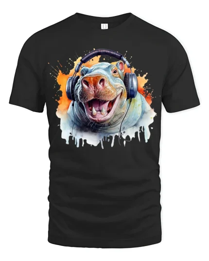 Funny Hippo With Headphones Music Lover Art Graphic Tee - black t-shirt on white background