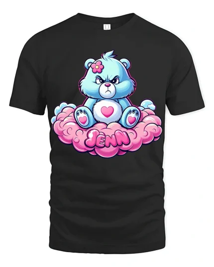 Cute Grumpy Bear Sitting On Cloud Jenn Name Graphic Tee - black t-shirt on white background