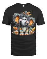 Cute Baby Elephant With Tribal Feathers Cartoon Art Graphic Tee - black t-shirt on white background