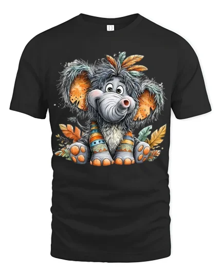 Cute Baby Elephant With Tribal Feathers Cartoon Art Graphic Tee - black t-shirt on white background