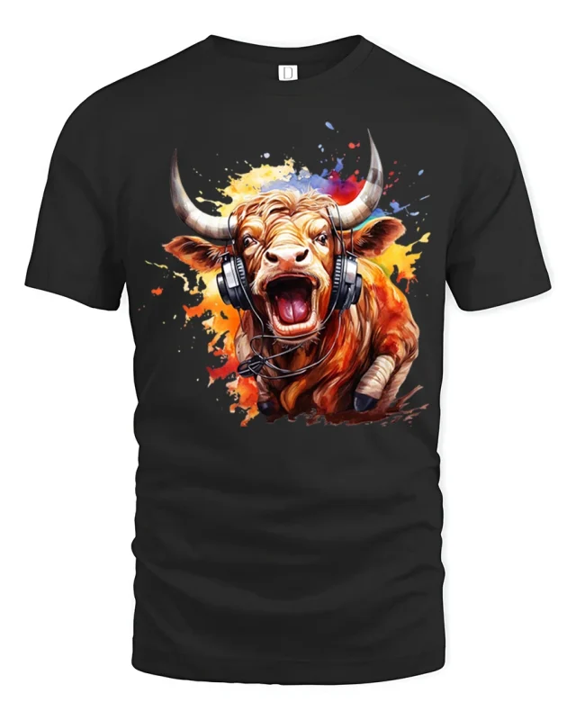 Loud Music Bull With Headphones Street Art Graphic Tee - black t-shirt on white background