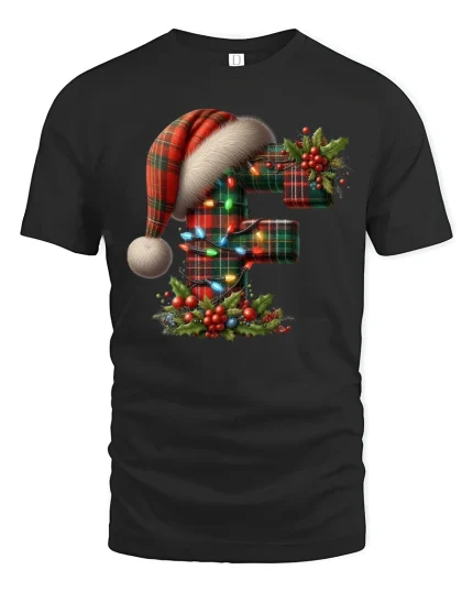 Festive Letter F Christmas Plaid Santa Hat Graphic T-Shirt - black t-shirt on white background