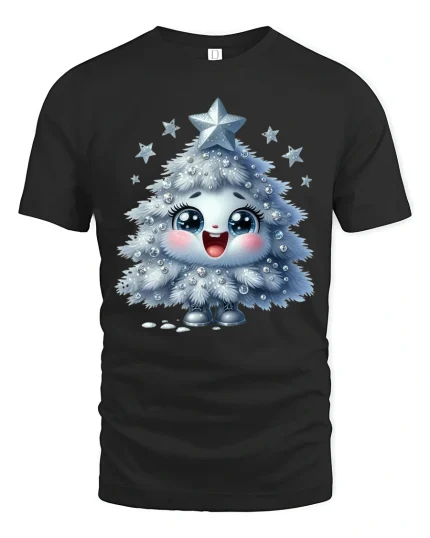 Cute Sparkle Christmas Tree Character Graphic T Shirt - black t-shirt on white background