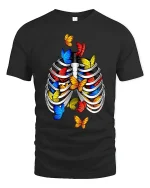 Colorful Butterflies Rib Cage Surreal Graphic Tee - black t-shirt on white background
