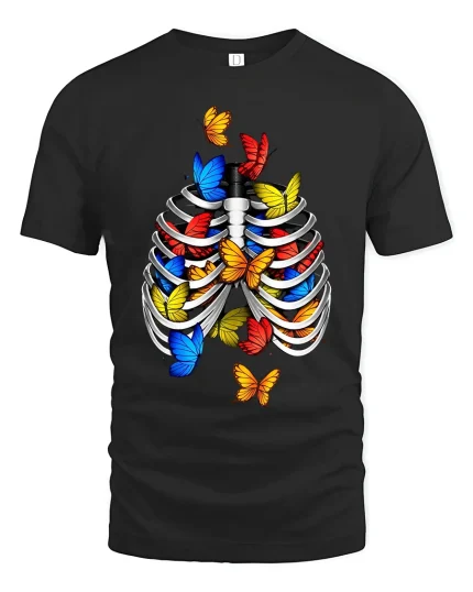 Colorful Butterflies Rib Cage Surreal Graphic Tee - black t-shirt on white background