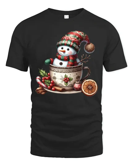 Cute Snowman Cocoa Mug Christmas Graphic T Shirt - black t-shirt on white background
