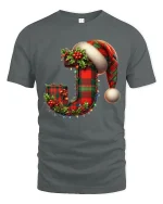 Festive Letter J Christmas Plaid Santa Hat Holiday T-Shirt - gray t-shirt on white background