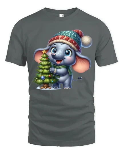 Cute Christmas Elephant Tree Hugging Cartoon T Shirt - gray t-shirt on white background