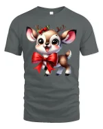 Cute Christmas Reindeer Bow Graphic Tee Holiday Animal Tshirt - gray t-shirt on white background