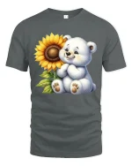 Cute Teddy Bear With Sunflower Smiling Art Graphic Tee - gray t-shirt on white background