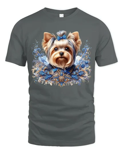 Elegant Yorkshire Terrier Floral Art Luxury Dog Graphic T-Shirt - gray t-shirt on white background