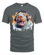 Funny Hippo With Headphones Music Lover Art Graphic Tee - gray t-shirt on white background