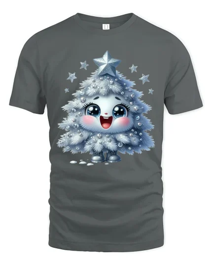 Cute Sparkle Christmas Tree Character Graphic T Shirt - gray t-shirt on white background