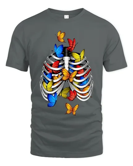 Colorful Butterflies Rib Cage Surreal Graphic Tee - gray t-shirt on white background