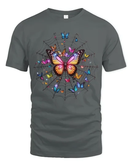 Enchanting Butterfly Web Surreal Graphic Tee - gray t-shirt on white background
