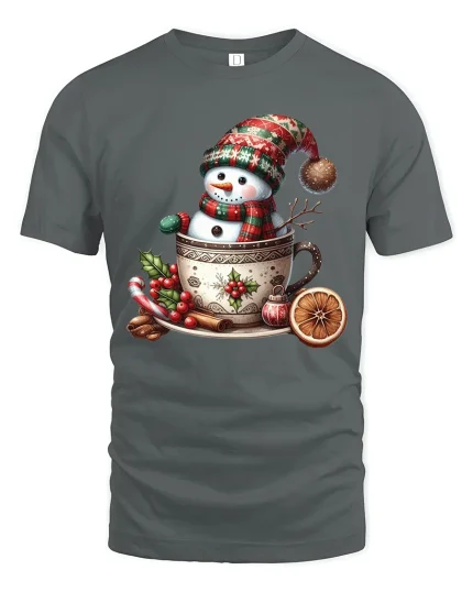 Cute Snowman Cocoa Mug Christmas Graphic T Shirt - gray t-shirt on white background