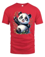 Cute Playful Panda Bamboo Cartoon Graphic T Shirt - red t-shirt on white background