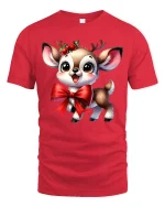 Cute Christmas Reindeer Bow Graphic Tee Holiday Animal Tshirt - red t-shirt on white background
