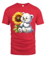Cute Teddy Bear With Sunflower Smiling Art Graphic Tee - red t-shirt on white background