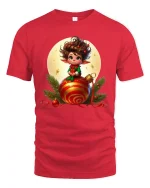 Cute Christmas Elf Sitting On Ornament Festive Graphic Tee - red t-shirt on white background