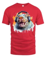 Funny Hippo With Headphones Music Lover Art Graphic Tee - red t-shirt on white background