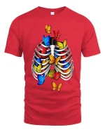 Colorful Butterflies Rib Cage Surreal Graphic Tee - red t-shirt on white background