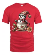 Cute Snowman Cocoa Mug Christmas Graphic T Shirt - red t-shirt on white background