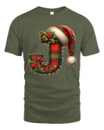 Festive Letter J Christmas Plaid Santa Hat Holiday T-Shirt - military green t-shirt on white background