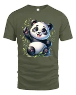 Cute Playful Panda Bamboo Cartoon Graphic T Shirt - military green t-shirt on white background