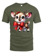 Cute Christmas Reindeer Bow Graphic Tee Holiday Animal Tshirt - military green t-shirt on white background
