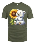 Cute Teddy Bear With Sunflower Smiling Art Graphic Tee - military green t-shirt on white background