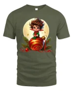 Cute Christmas Elf Sitting On Ornament Festive Graphic Tee - military green t-shirt on white background