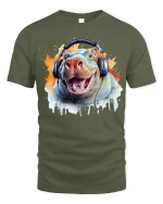 Funny Hippo With Headphones Music Lover Art Graphic Tee - military green t-shirt on white background