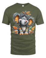 Cute Baby Elephant With Tribal Feathers Cartoon Art Graphic Tee - military green t-shirt on white background