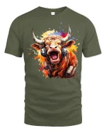 Loud Music Bull With Headphones Street Art Graphic Tee - military green t-shirt on white background