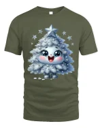 Cute Sparkle Christmas Tree Character Graphic T Shirt - military green t-shirt on white background