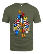 Colorful Butterflies Rib Cage Surreal Graphic Tee - military green t-shirt on white background