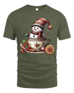 Cute Snowman Cocoa Mug Christmas Graphic T Shirt - military green t-shirt on white background
